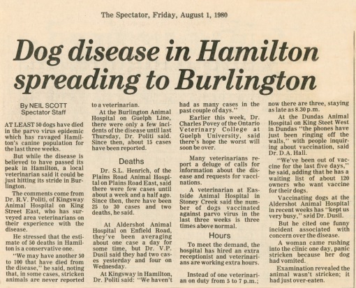 80.Aug.1 - Burlington · Vaclav Dusil (Article, Burlington Spectator, Dog Disease in Hamilton Spreading to Burlington)